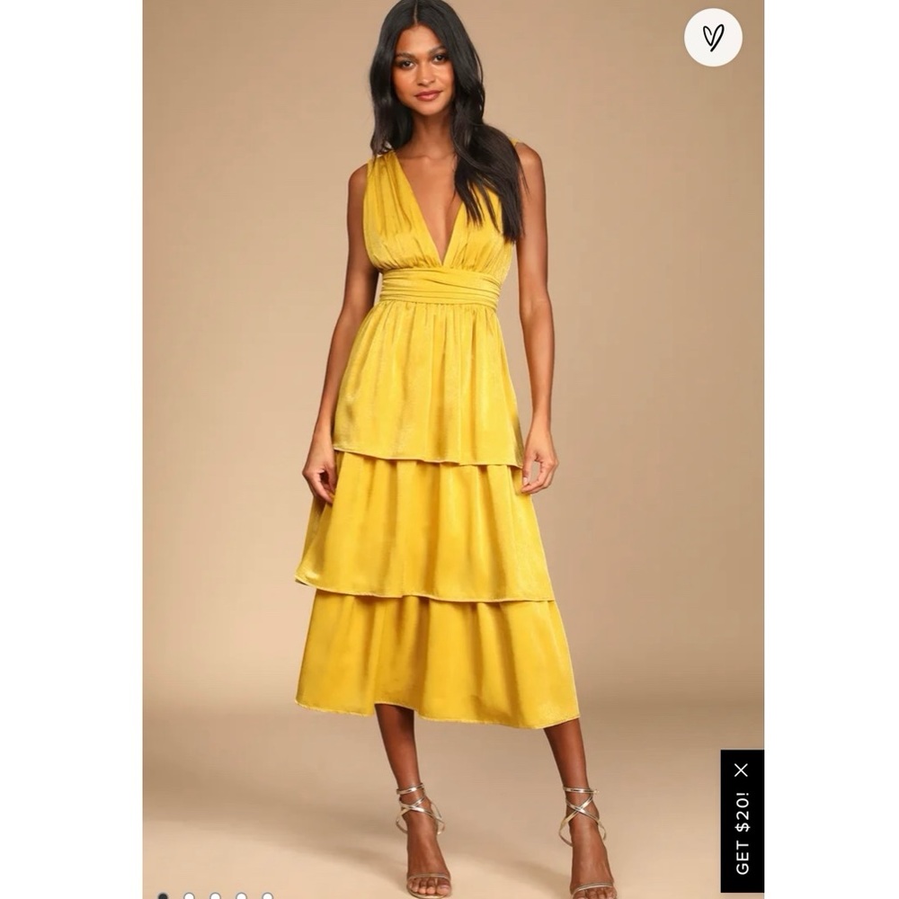 Lulus Peak Party Vibe Mustard Yellow Satin Tiered Tie-Back Midi Dress
